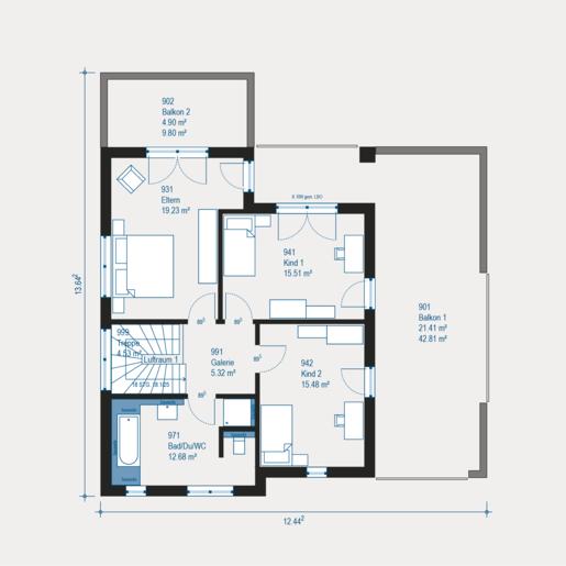 Mustergrundriss vom Obergeschoss eines Bauhaus Cult 1 V3 Einfamilienhauses von allkauf