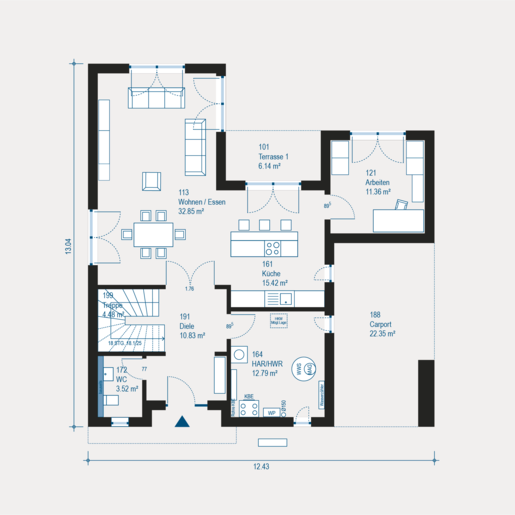 Mustergrundriss vom Erdgeschoss eines Bauhaus Cult 1 V3 Einfamilienhauses von allkauf
