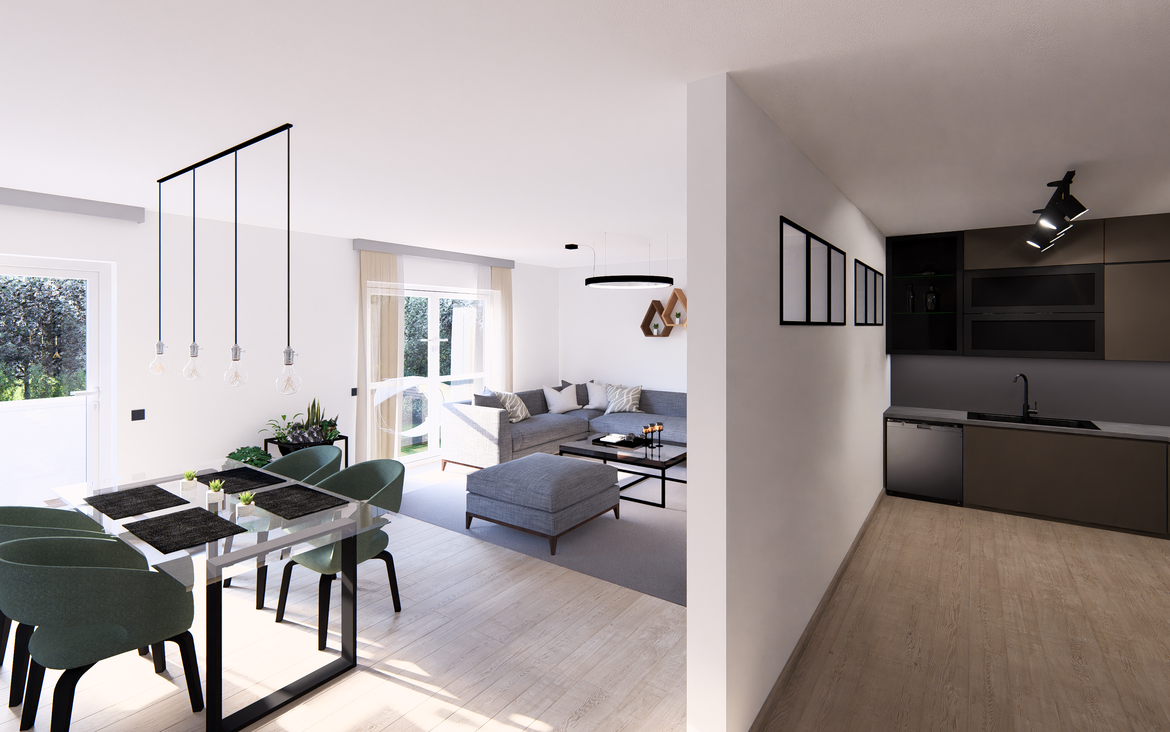 Blick in die Wohn- und Kochbereiche eines Apartment 3 Wohngemeinschaftshaus von allkauf