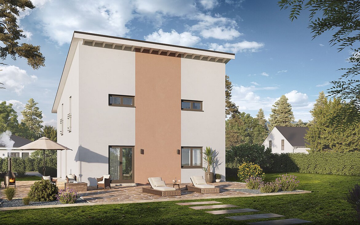 Einfamilienhaus Home 10 mit Pultdach von allkauf, Ansicht Garten am Tag