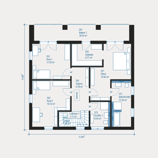 Mustergrundriss vom Obergeschoss eines City Villa 5 Einfamilienhauses von allkauf