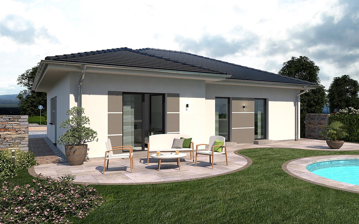 Bungalow Lifetime 4 von allkauf, Ansicht Garten am Tag mit Variante Walmdach