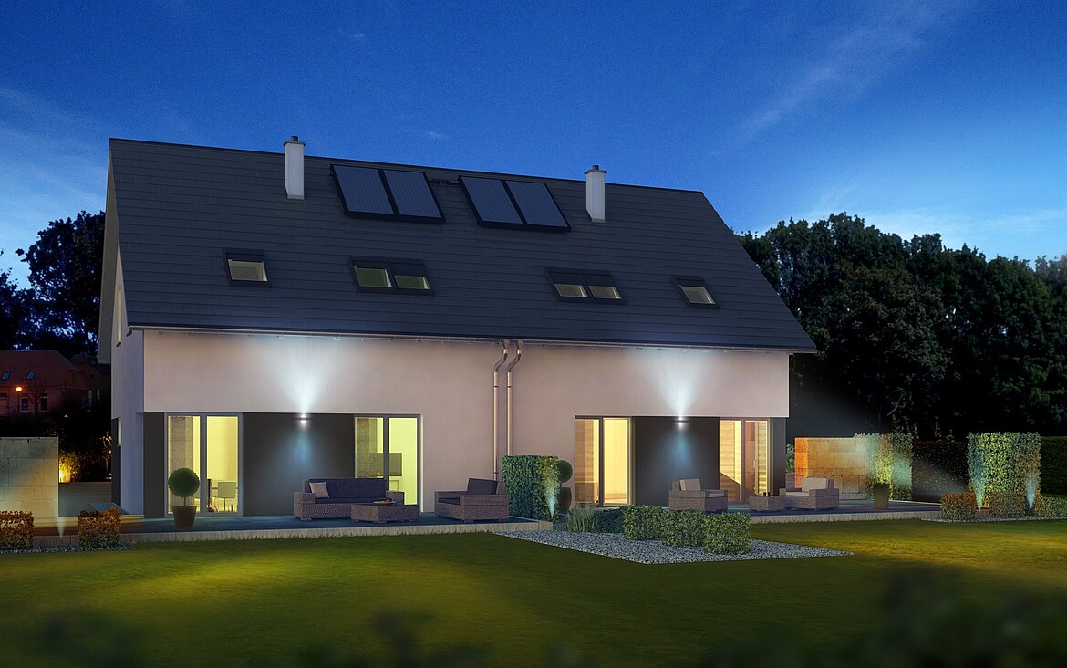Mehrfamilienhaus Generation 7 von allkauf, Ansicht Garten am Abend