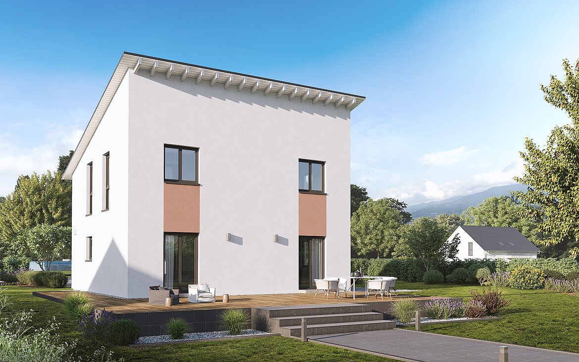 Einfamilienhaus Home 7 von allkauf mit Pultdach, Ansicht Garten am Tag