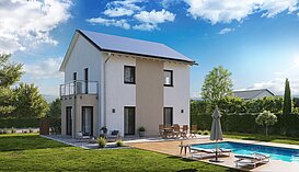 Einfamilienhaus Home 2 von allkauf 2-geschossig mit Satteldach, Ansicht Garten am Tag