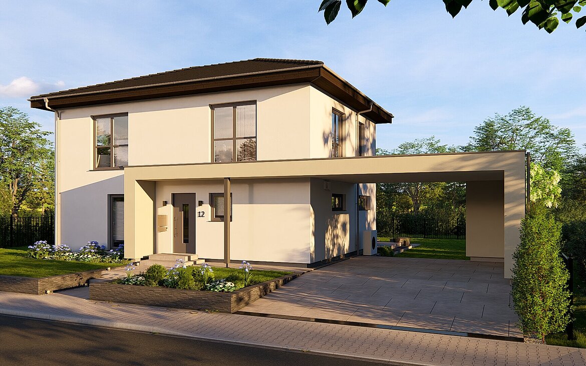 Einfamilienhaus Chance 2 von allkauf, Ansicht Eingang bei Sonnenuntergang