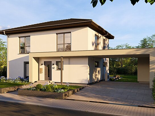 Einfamilienhaus Chance 2 von allkauf, Ansicht Eingang bei Sonnenuntergang