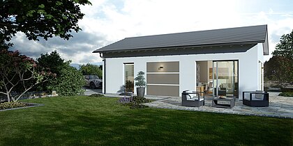 Bungalow Lifetime 6 mit Satteldach von allkauf, Ansicht Garten am Nachmittag