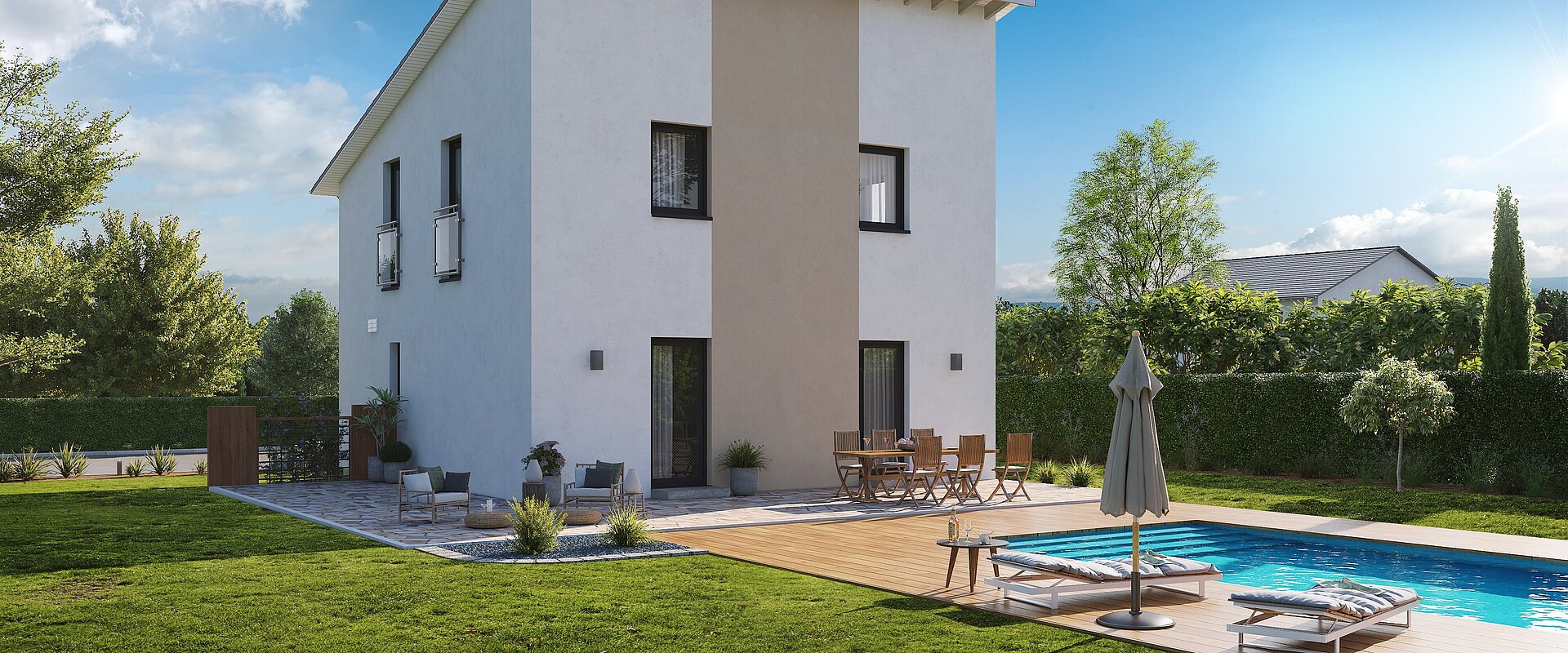 Einfamilienhaus Home 2 von allkauf mit Pultdach, Ansicht Garten am Tag