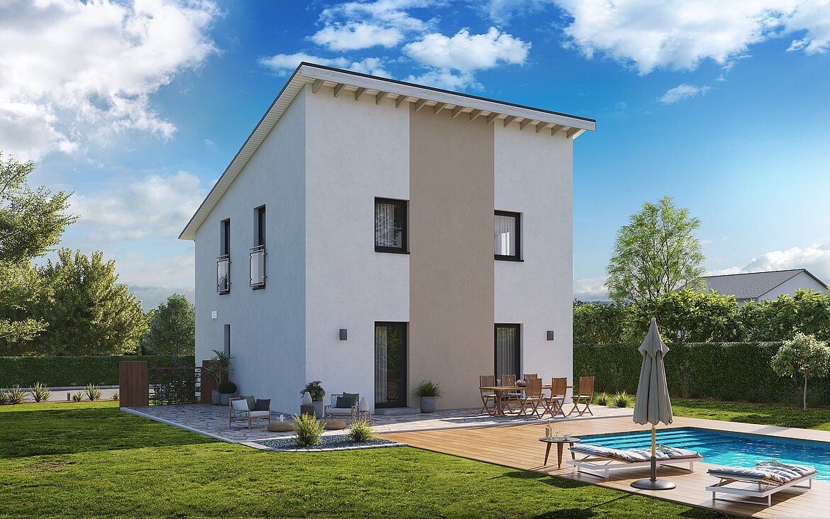 Einfamilienhaus Home 2 von allkauf mit Pultdach, Ansicht Garten am Tag