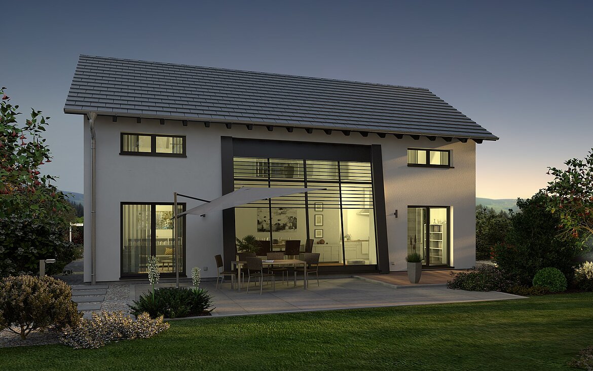Einfamilienhaus Trendline S6 von allkauf, Ansicht Garten am Abend