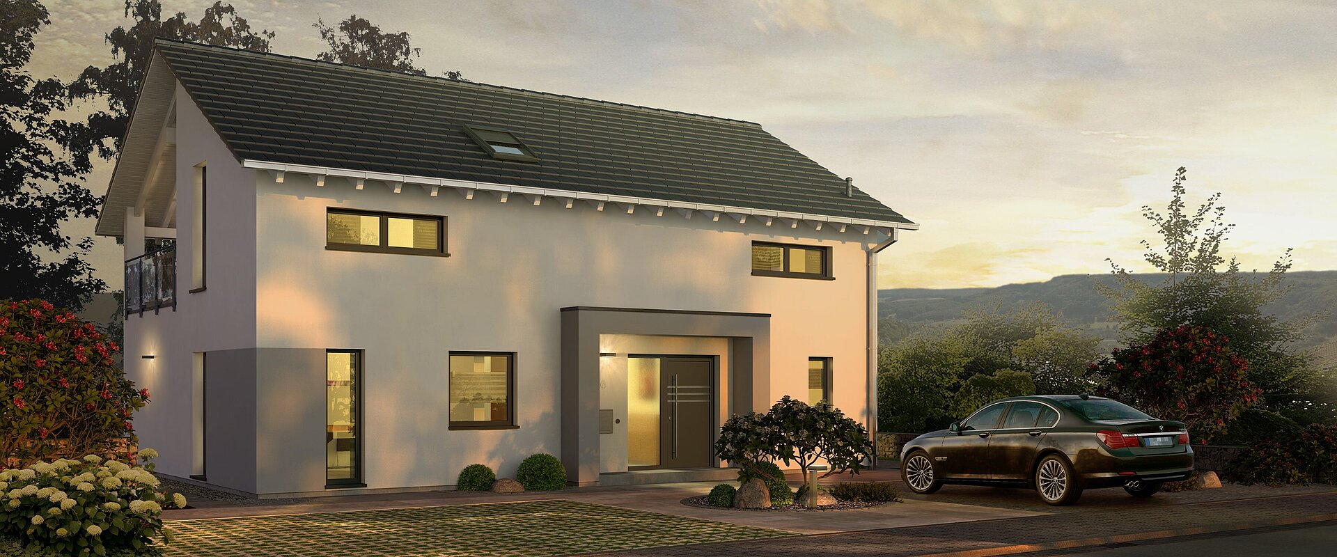 Einfamilienhaus Prestige 2 von allkauf, Ansicht Eingang bei Sonnenuntergang