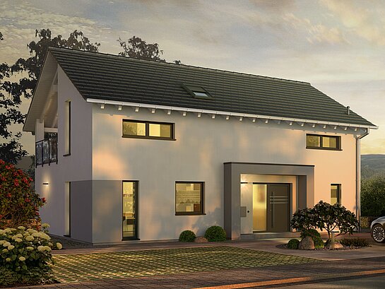 Einfamilienhaus Prestige 2 von allkauf, Ansicht Eingang bei Sonnenuntergang