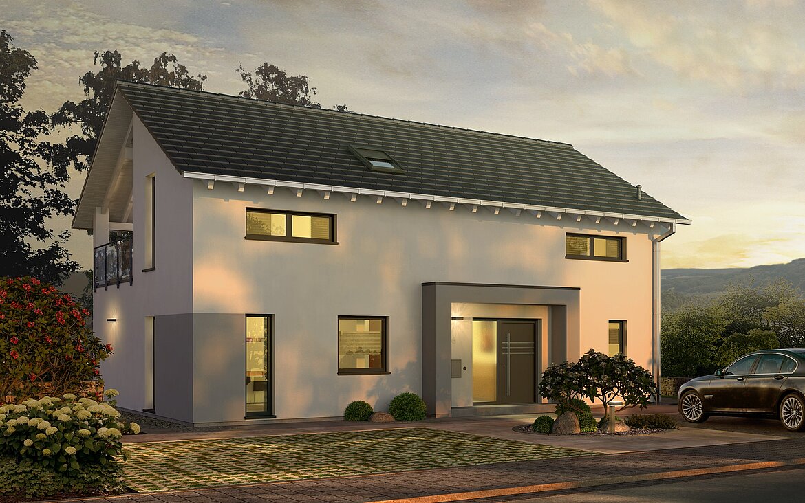 Einfamilienhaus Prestige 2 von allkauf, Ansicht Eingang bei Sonnenuntergang