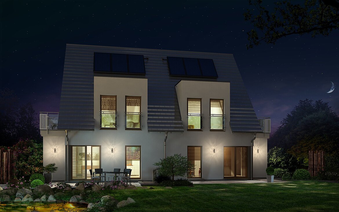 Mehrfamilienhaus Double 1 von allkauf, Ansicht Garten am Abend