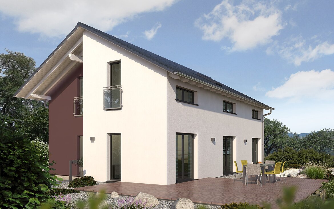 Einfamilienhaus Trendline S5 von allkauf, Ansicht Garten am Morgen