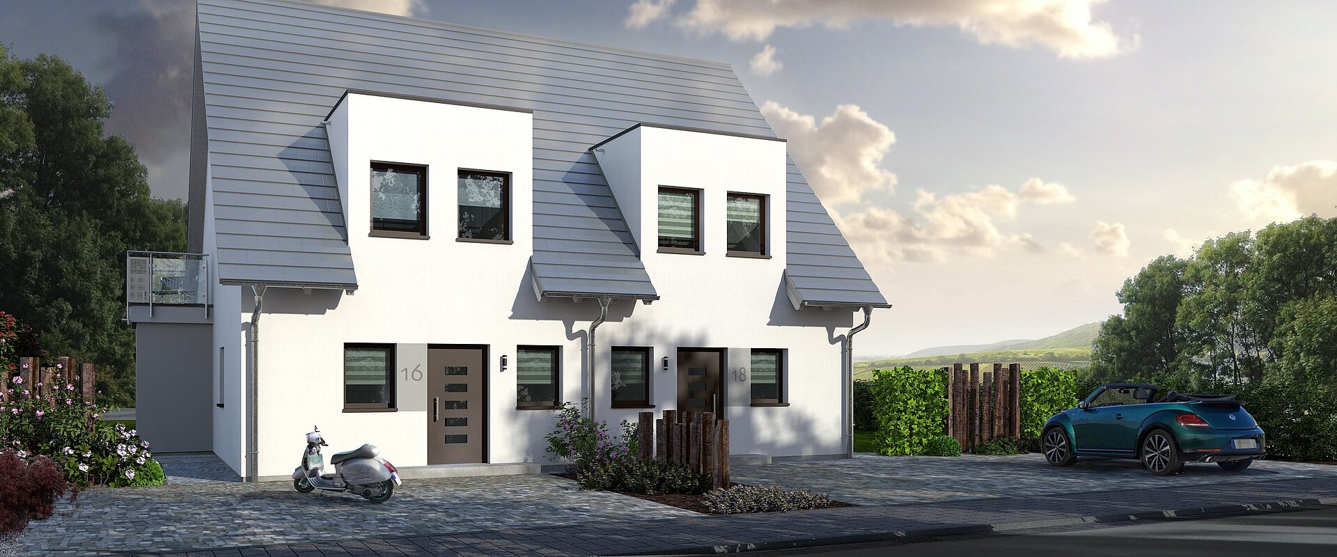 Mehrfamilienhaus Double 1 von allkauf, Vorderansicht am Tag