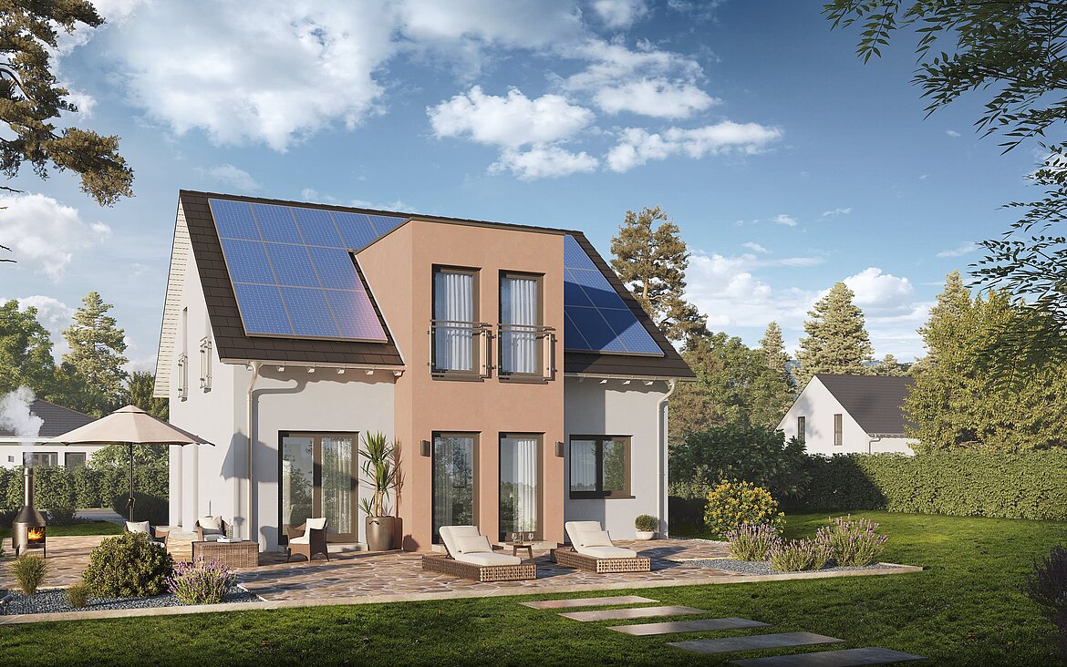 Einfamilienhaus Home 10 mit Satteldach von allkauf, Ansicht Garten am Tag mit Solaranlage