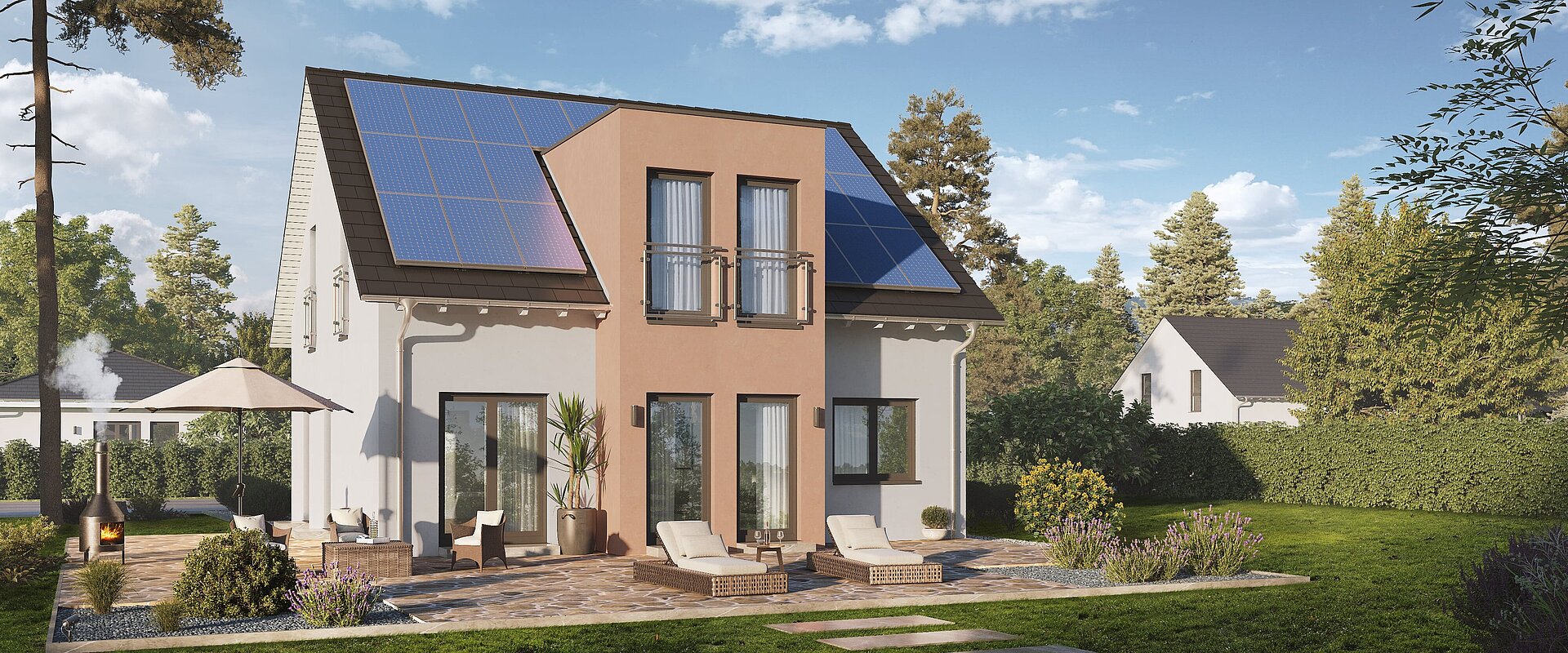 Einfamilienhaus Home 10 mit Satteldach von allkauf, Ansicht Garten am Tag mit Solaranlage