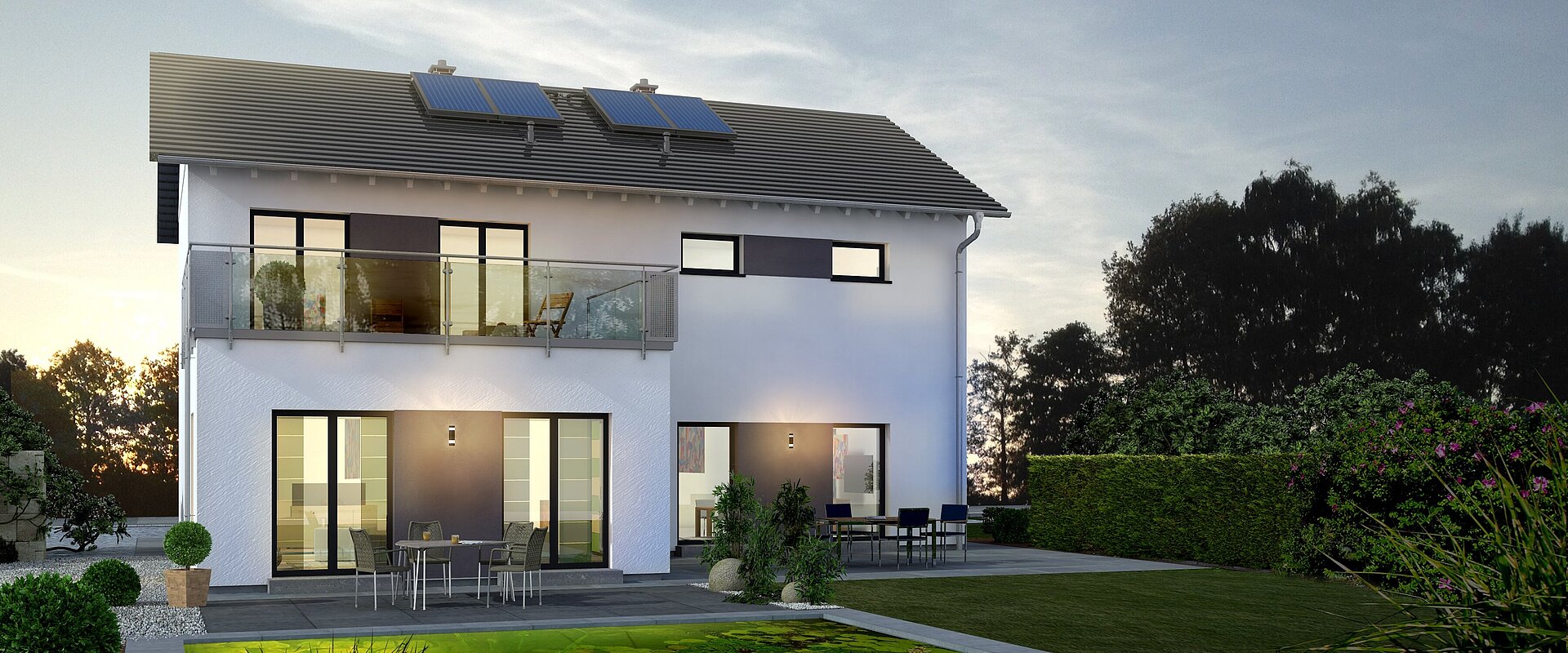 Mehrfamilienhaus Generation 1 V2 von allkauf, Ansicht Garten am Abend