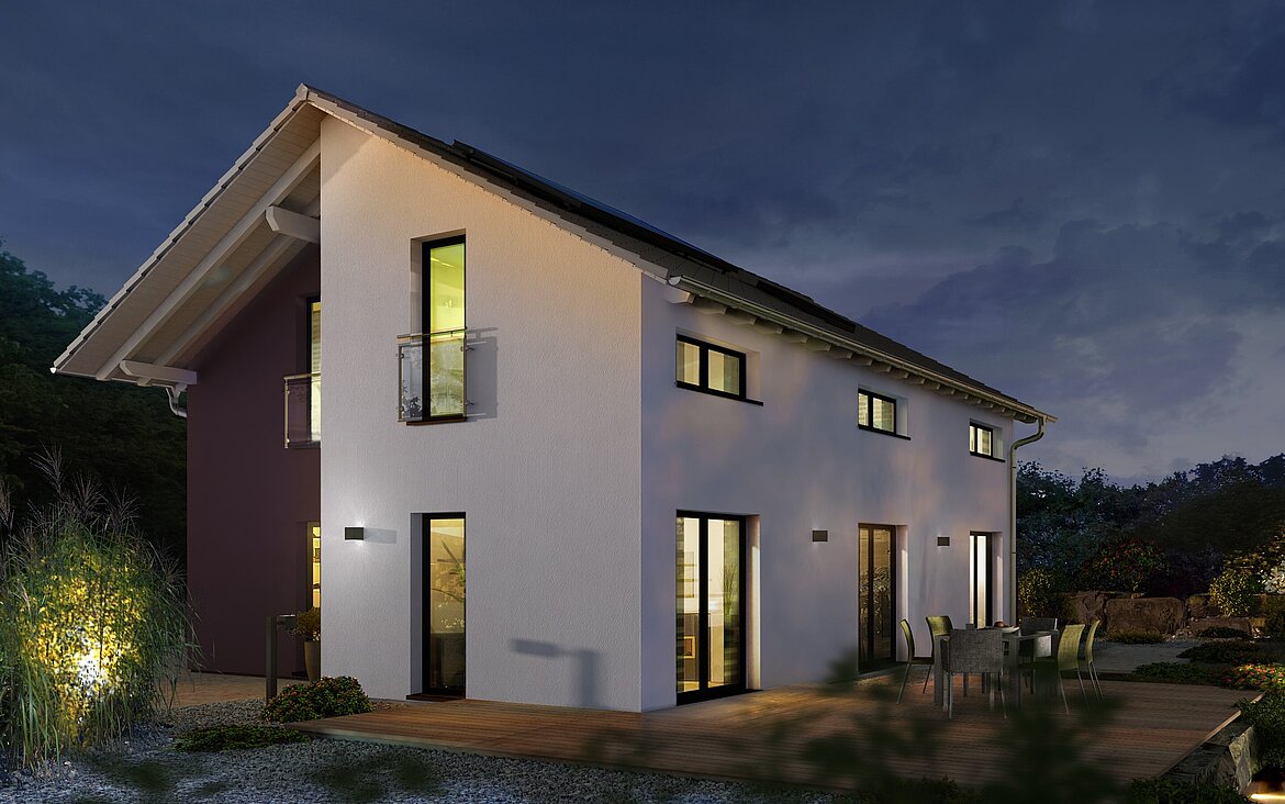 Einfamilienhaus Trendline S5 von allkauf, Ansicht Garten am Abend