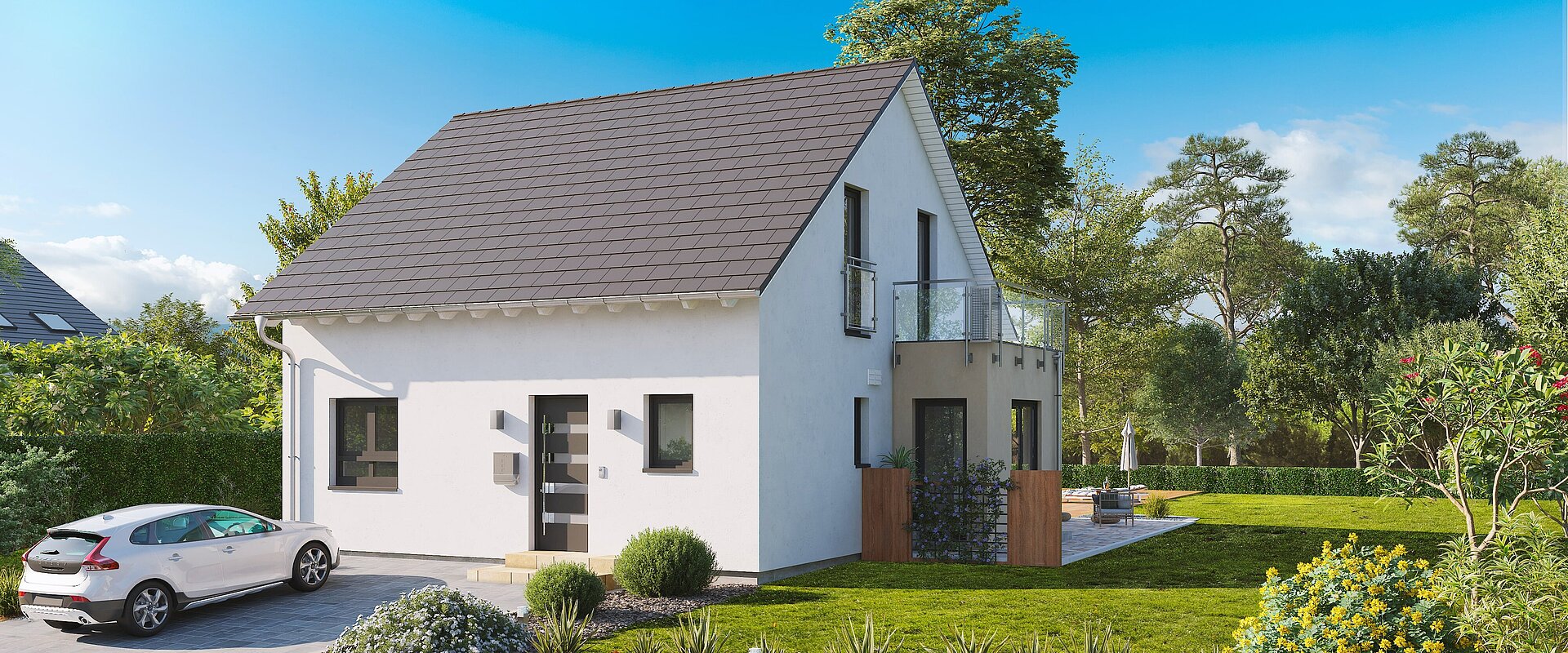 Einfamilienhaus Home 2 von allkauf mit Satteldach, Ansicht Eingang am Tag