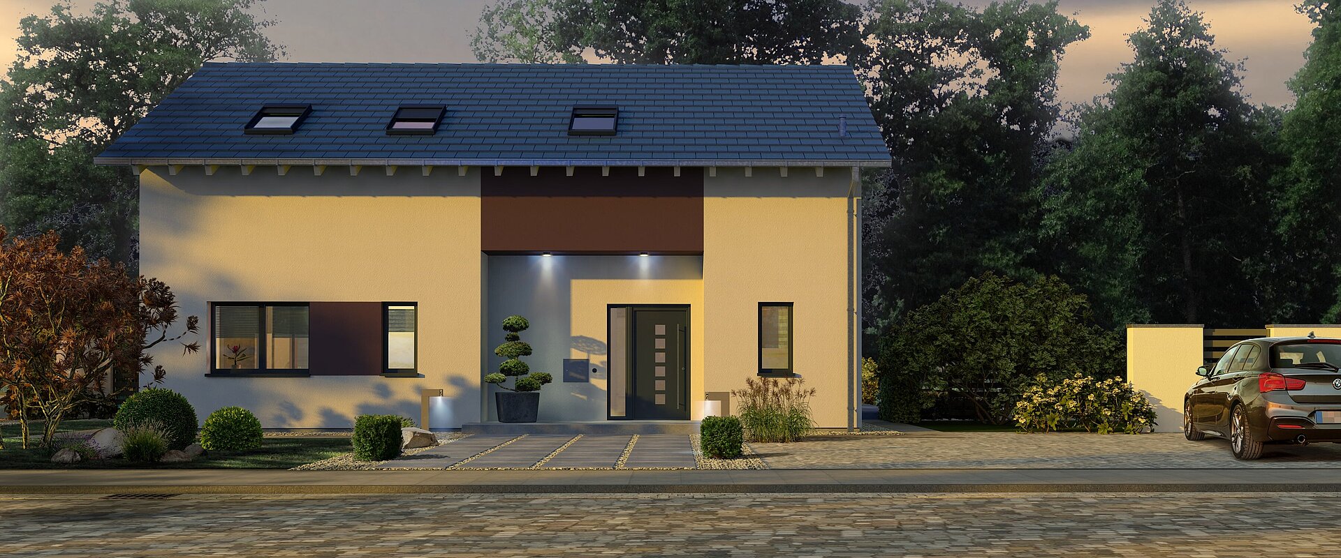 Einfamilienhaus Trendline S1 von allkauf, Vorderansicht am Abend