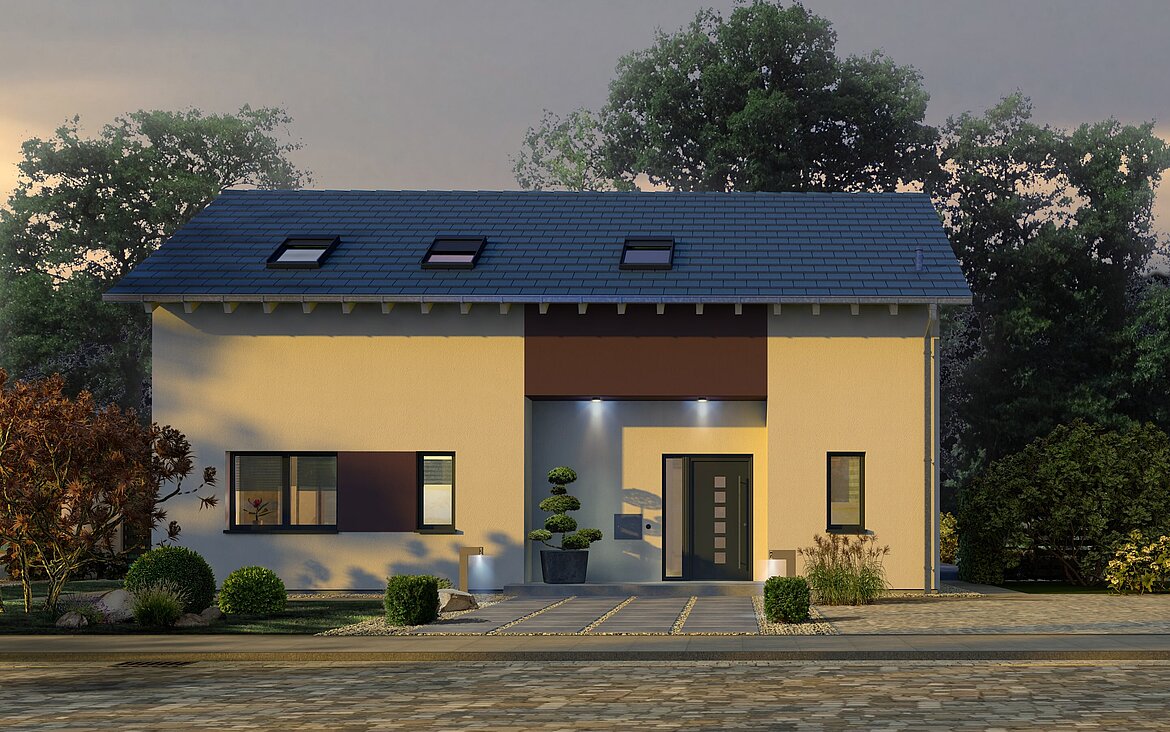Einfamilienhaus Trendline S1 von allkauf, Vorderansicht am Abend