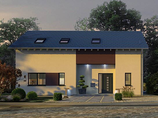 Einfamilienhaus Trendline S1 von allkauf, Vorderansicht am Abend