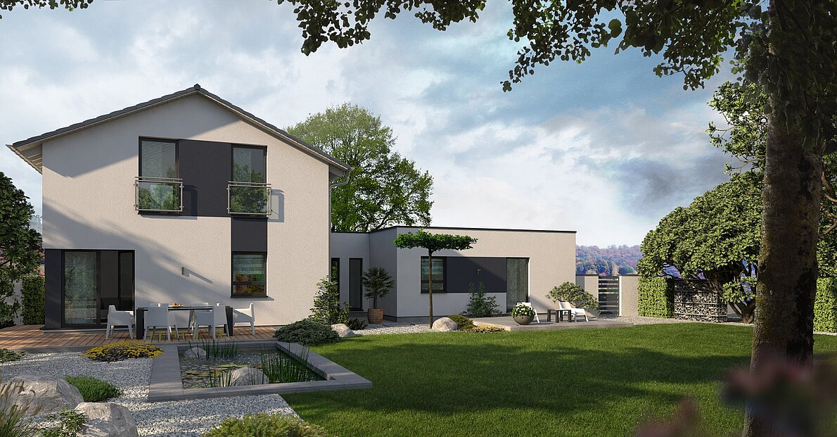 Mehrfamilienhaus Generation 8 von allkauf, Ansicht Garten am Tag