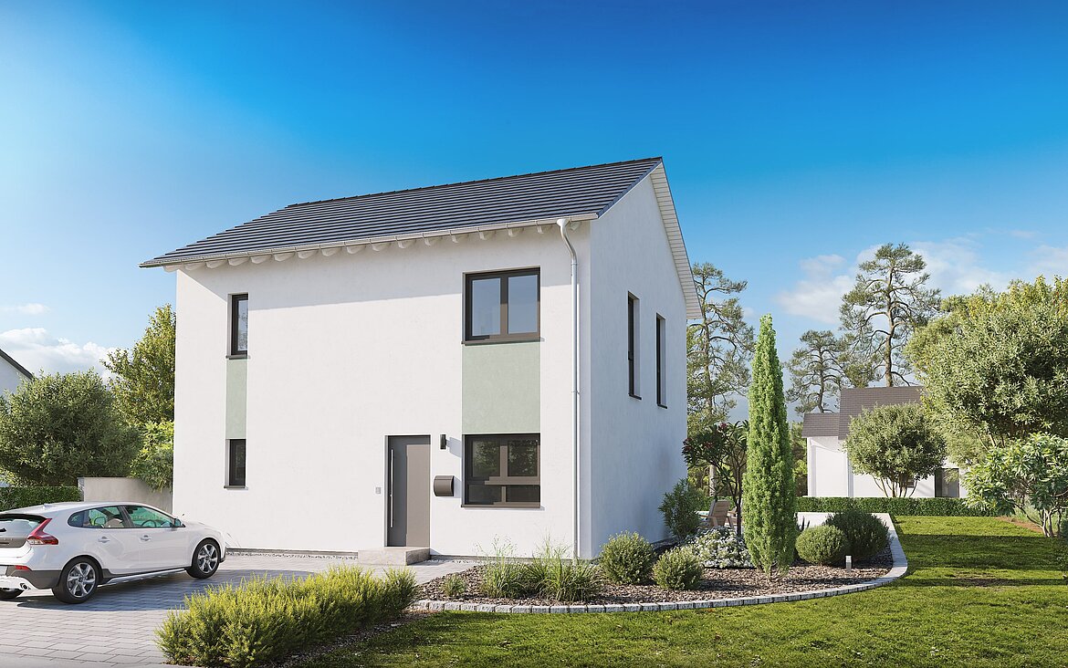 Einfamilienhaus Home 8 von allkauf 2-geschossig mit Satteldach, Ansicht Eingang am Tag