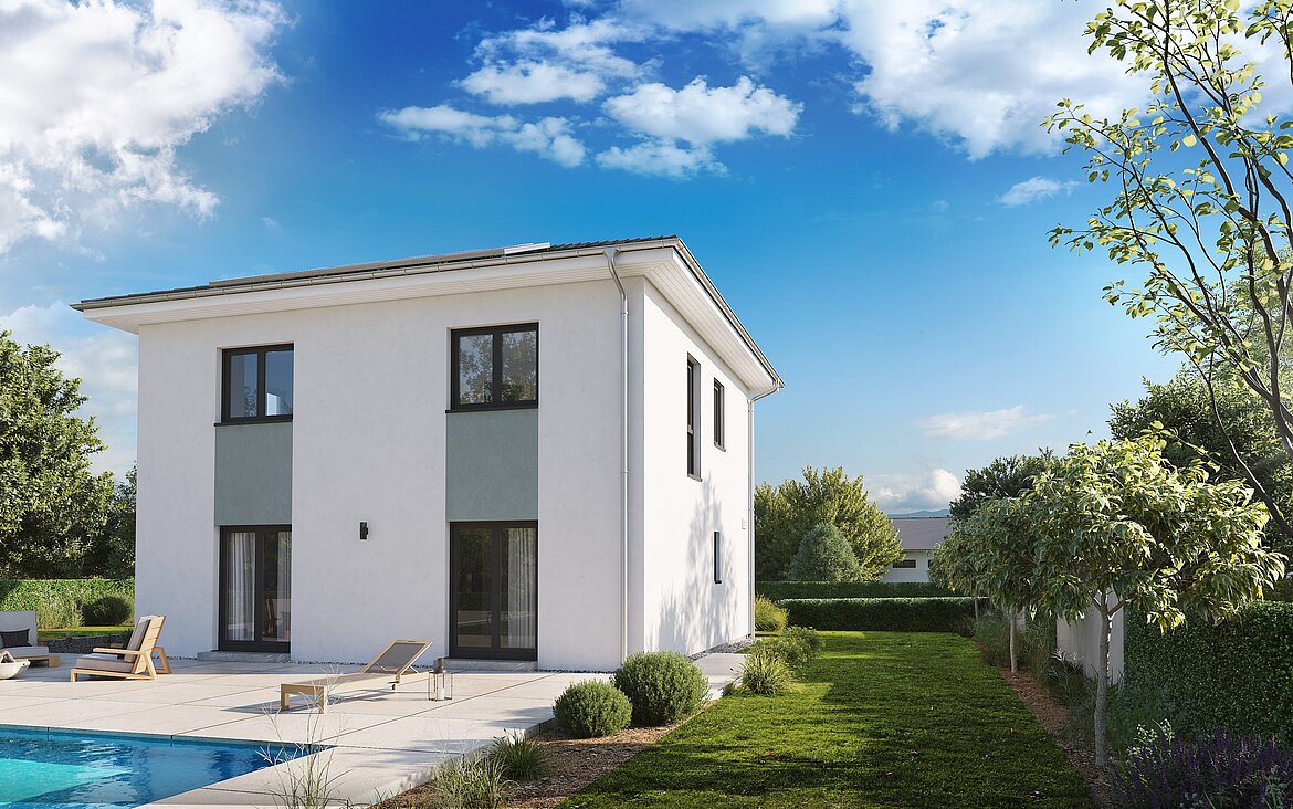 Einfamilienhaus Home 8 von allkauf 2-geschossig mit Walmdach, Ansicht Eingang am Tag