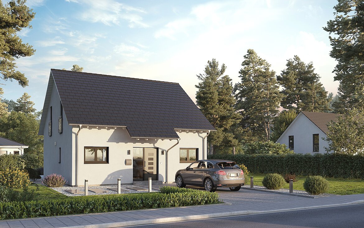 Einfamilienhaus Home 10 mit Satteldach von allkauf, Ansicht Eingang am Tag mit Solaranlage