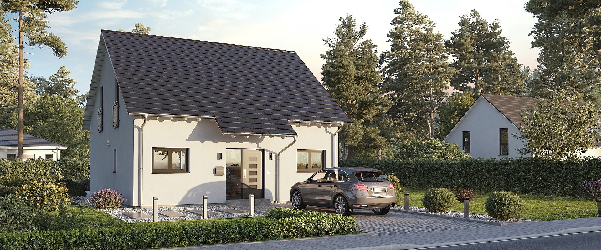 Einfamilienhaus Home 10 mit Satteldach von allkauf, Ansicht Eingang am Tag mit Solaranlage