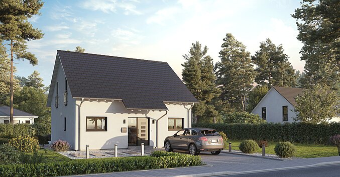 Einfamilienhaus Home 10 mit Satteldach von allkauf, Ansicht Eingang am Tag mit Solaranlage