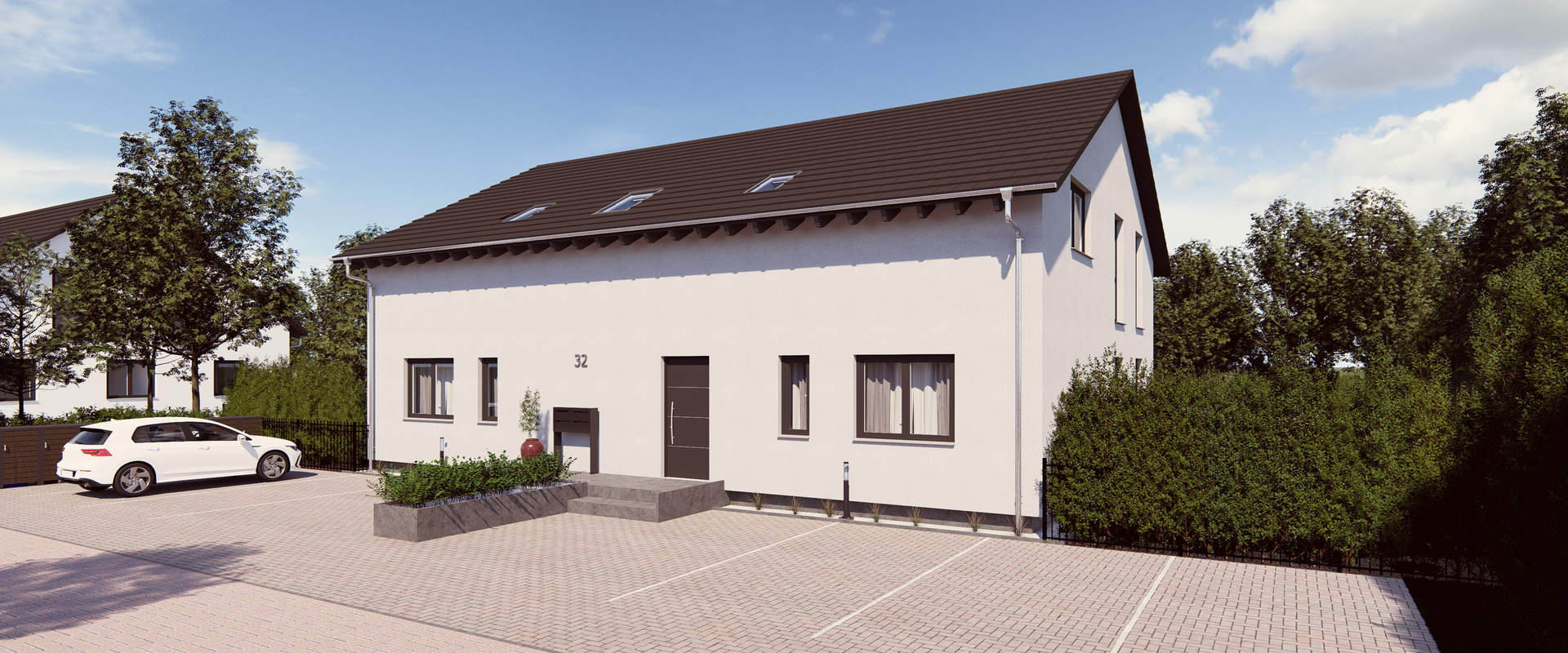 Mehrfamilienhaus Apartment 1 von allkauf, Ansicht außen mit Parkplatz am Tag