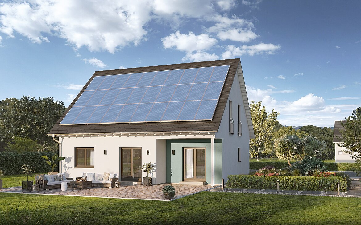 Einfamilienhaus Home 13 mit Satteldach und PV-Anlage von allkauf, Ansicht Garten am Tag