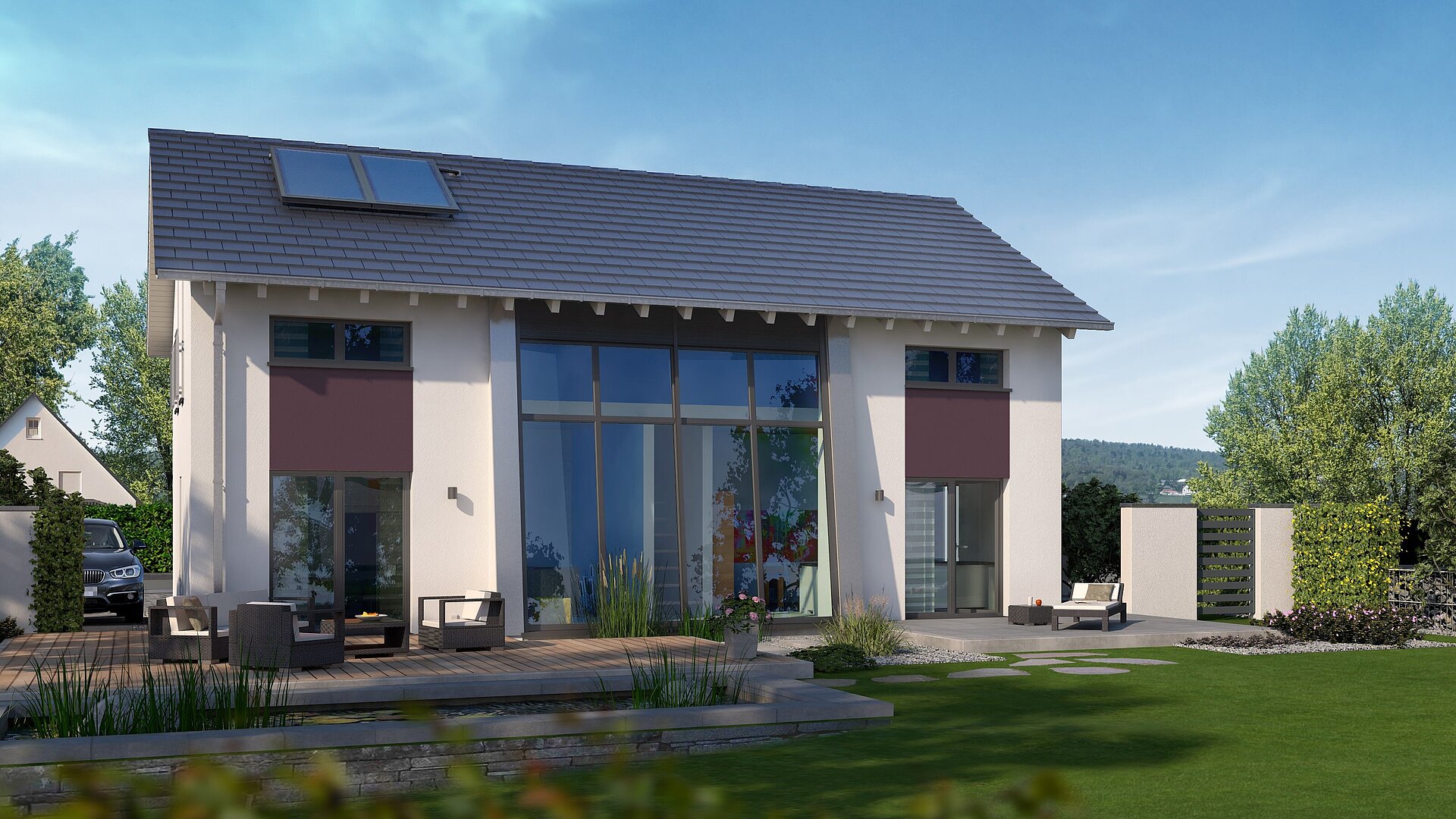 Einfamilienhaus Trendline S1 von allkauf, Ansicht Garten am Tag mit Solaranlage