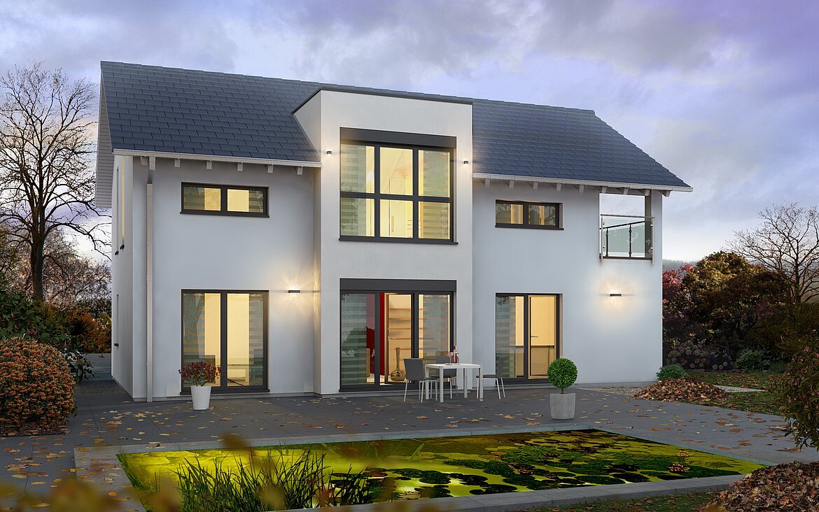 Einfamilienhaus Prestige 2 von allkauf, Ansicht Garten bei Dämmerung