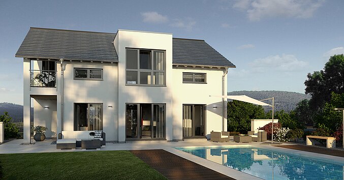 Einfamilienhaus Prestige 1 von allkauf, Ansicht Garten bei Sonnenuntergang