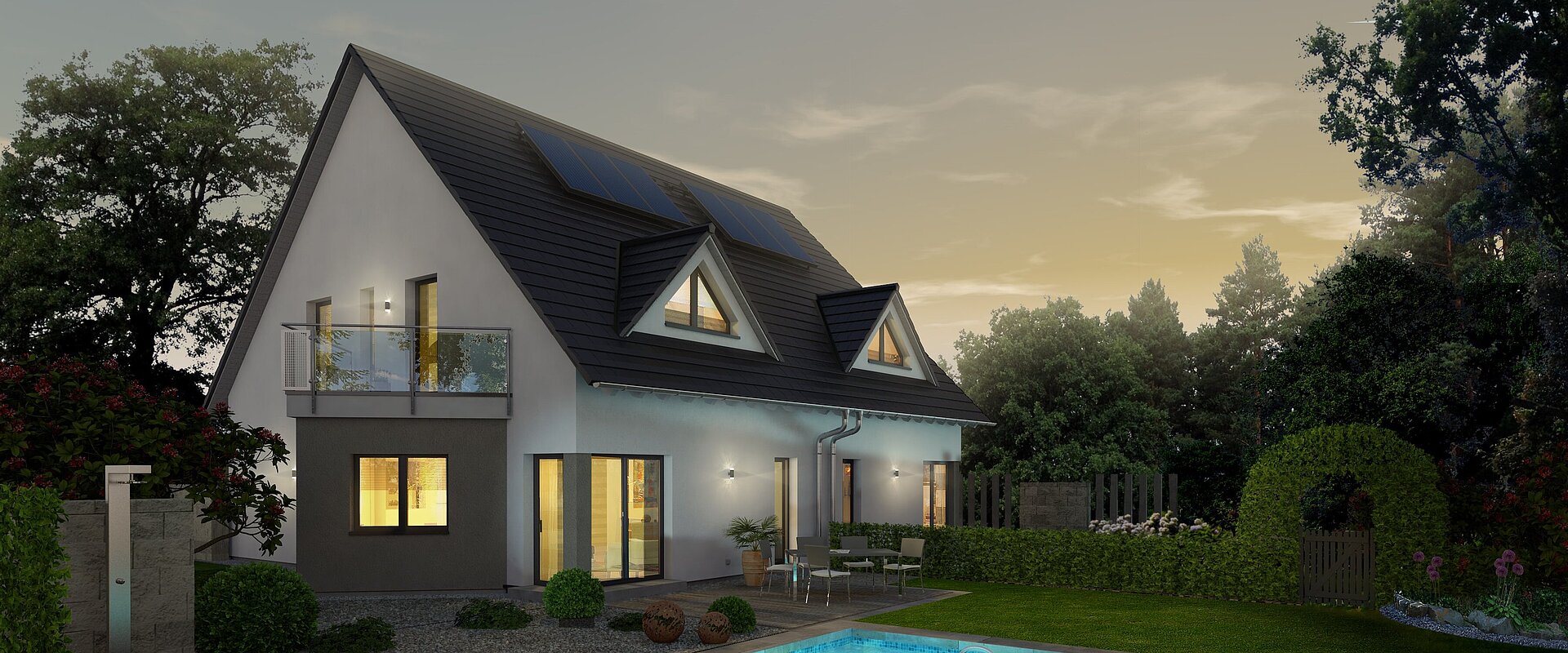 Mehrfamilienhaus Double 3 von allkauf, Ansicht Garten am Abend 
