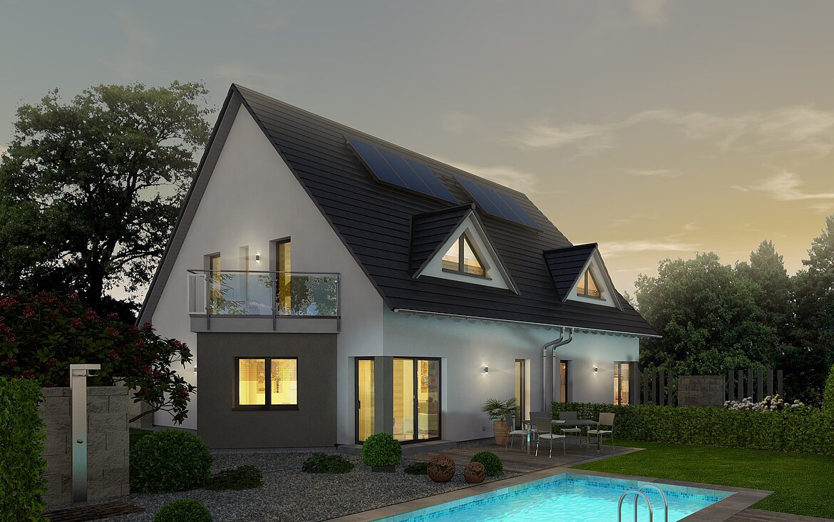 Mehrfamilienhaus Double 3 von allkauf, Ansicht Garten am Abend 