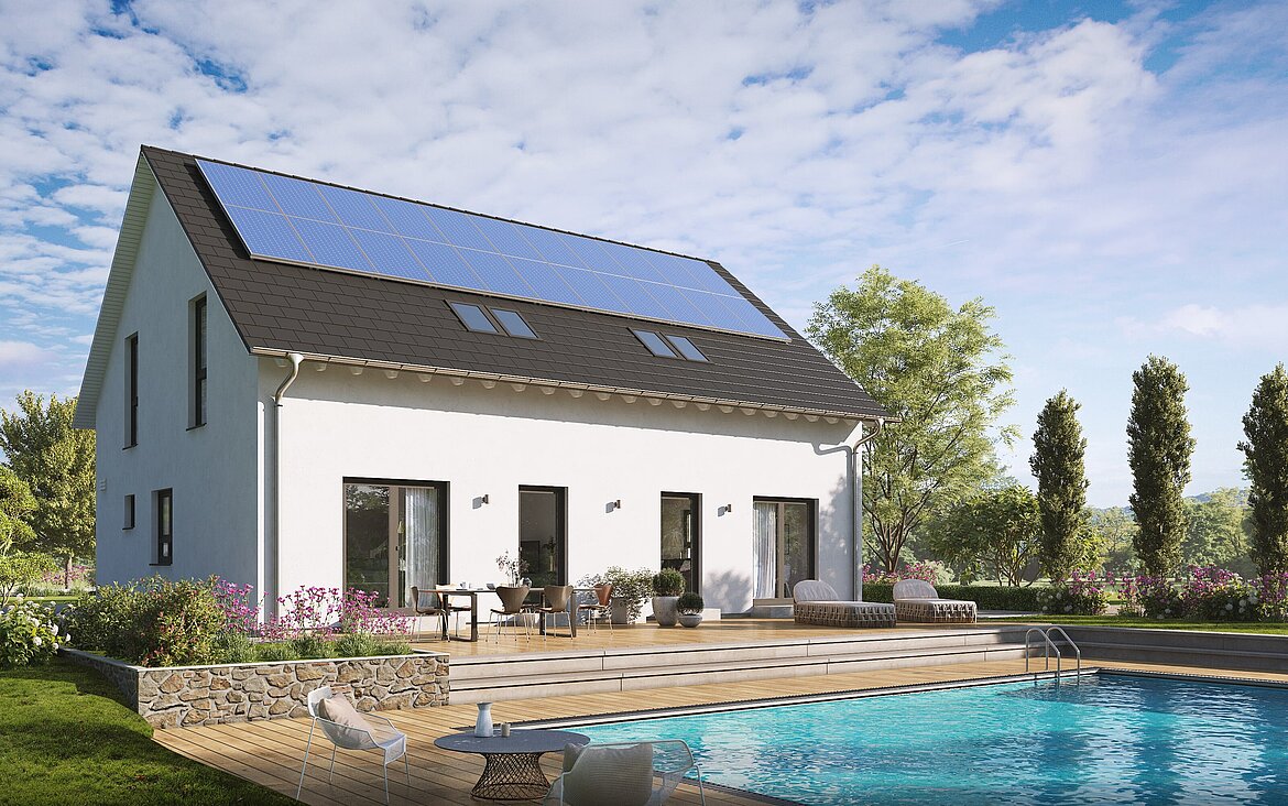 Aktionshaus Move 7 von allkauf, Ansicht Garten am Tag im Frühling.