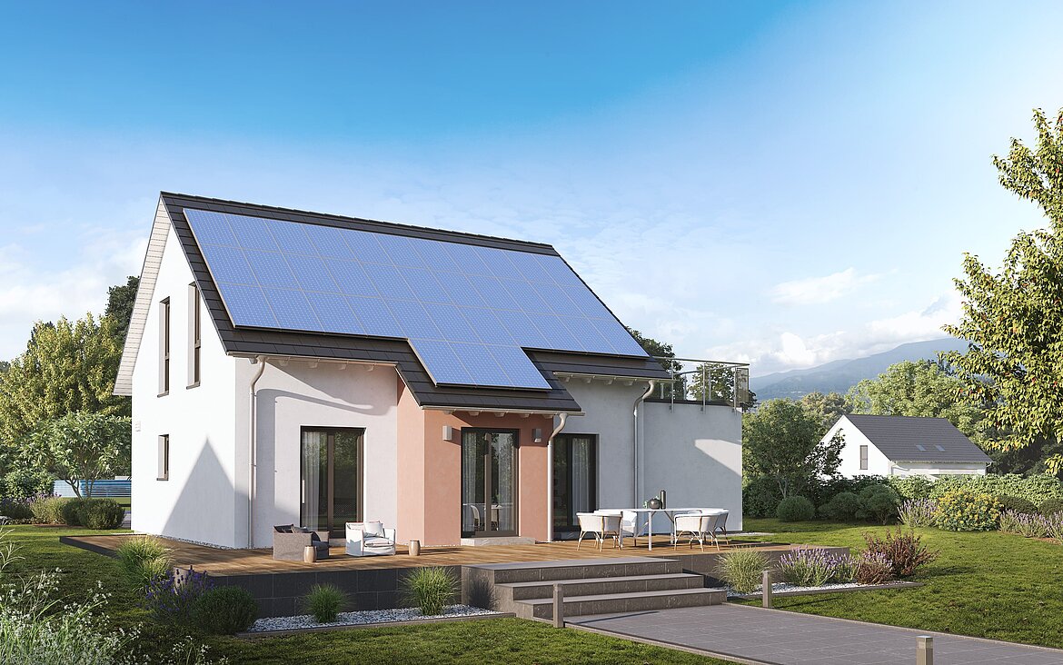 Einfamilienhaus Home 7 von allkauf mit Satteldach und P-Anlage, Ansicht Garten am Tag