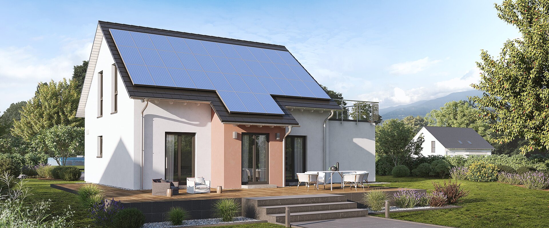 Einfamilienhaus Home 7 von allkauf mit Satteldach und P-Anlage, Ansicht Garten am Tag