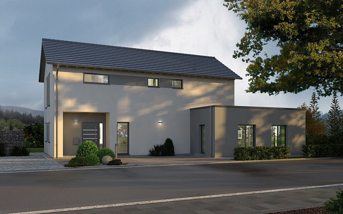 Einfamilienhaus Trendline S3 von allkauf, Vorderansicht am Morgen im Schatten