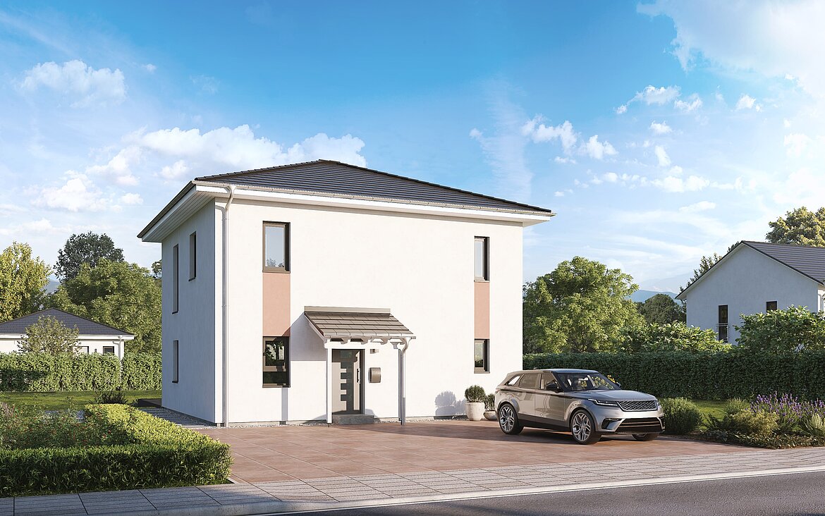 Einfamilienhaus Home 7 von allkauf 2-geschossig mit Walmdach, Ansicht Eingang am Tag
