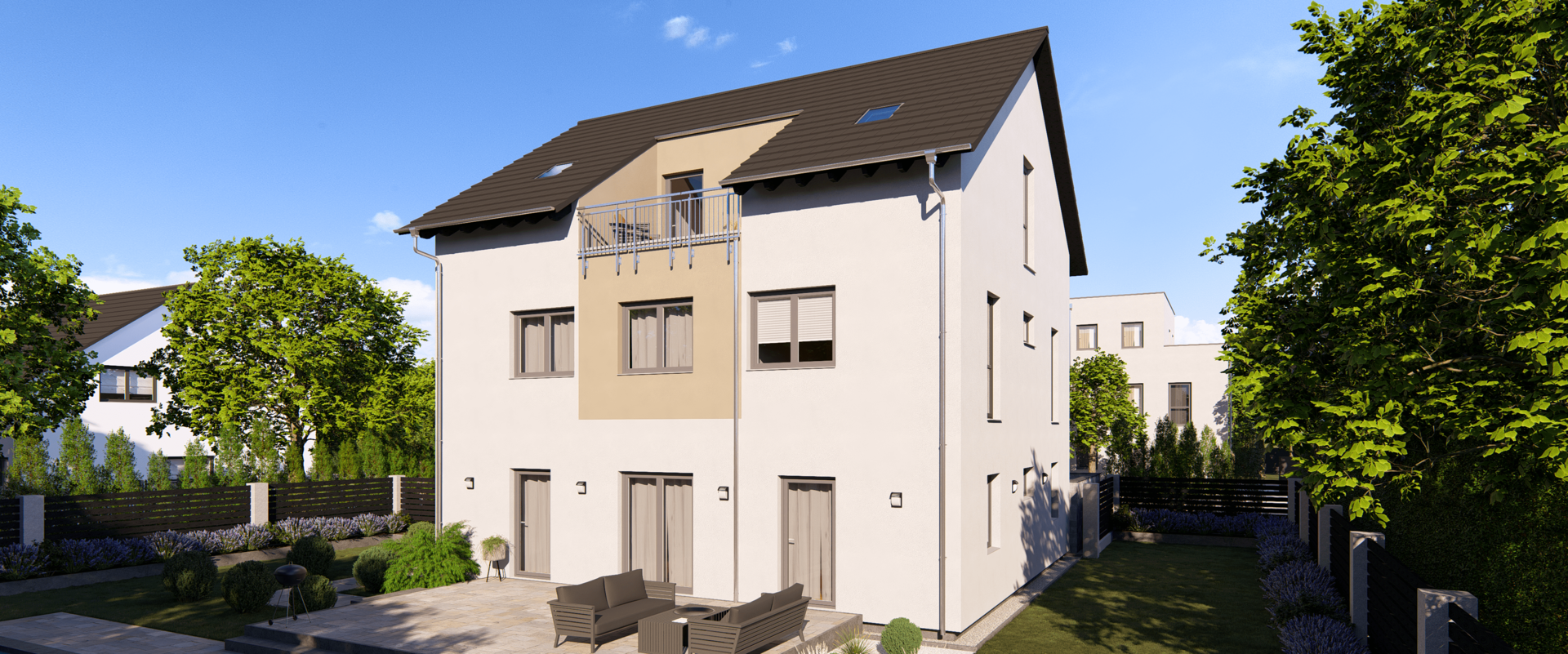 Mehrfamilienhaus Generation 18 von allkauf, Ansicht Garten am Tag