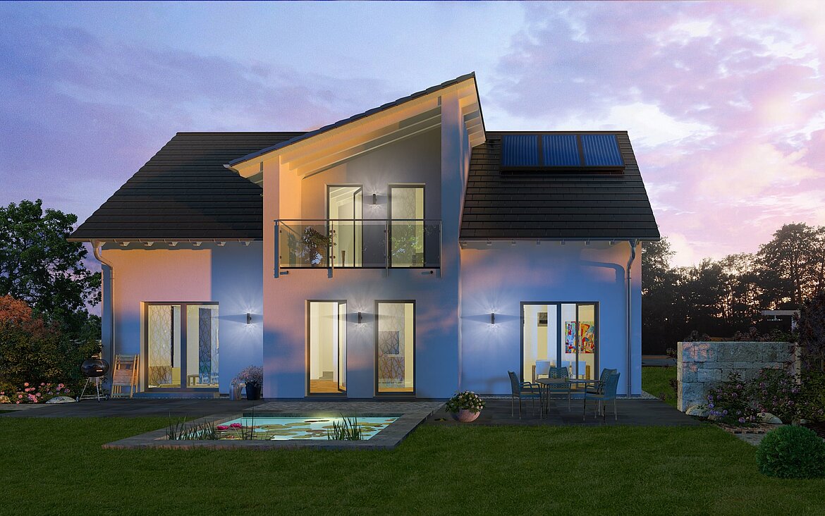Mehrfamilienhaus Generation 2 von allkauf, Ansicht Garten am Abend 