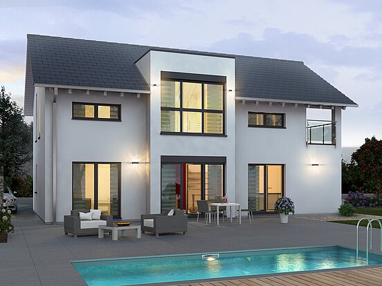 Einfamilienhaus Prestige 2 mit Pool von allkauf, Ansicht Garten bei Dämmerung
